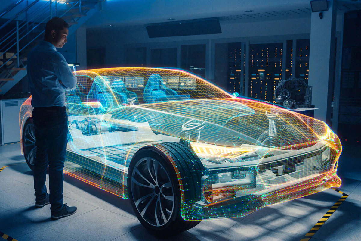 holographische Modellprojektion eines Elektroautos