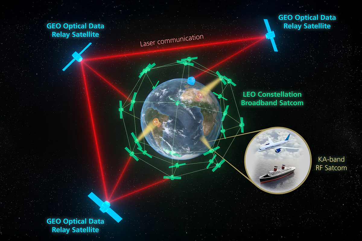 Schematische Darstellung eines Netzwerkes zur Laserkommunikation. Das Teleskop aus Jena kommt für den Inter-Satellite Optical Link zum Einsatz.