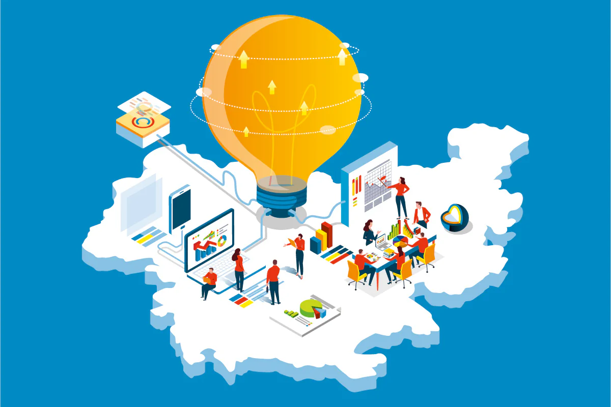Bildbeschreibung / description: Illustration mit großer Glühbirne über Thüringen, umgeben von Diagrammen, Laptop und Teamarbeit als Symbol für Innovation und Datenanalyse