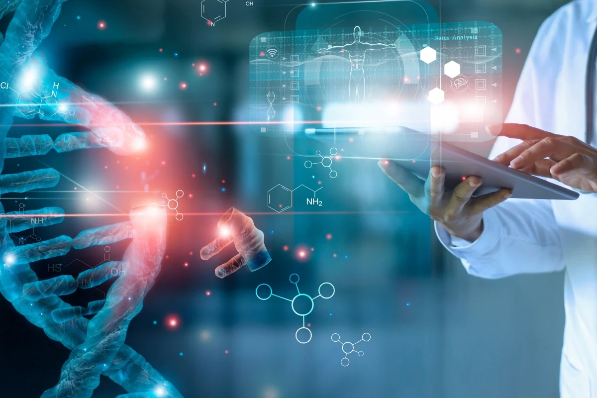 Gesundes Leben und Gesundheitswirtschaft Bildbeschreibung / description: Rechts ein Mann im Laborkittel hält ein Tablet und Links ist ein DNA-Strang zu sehen.