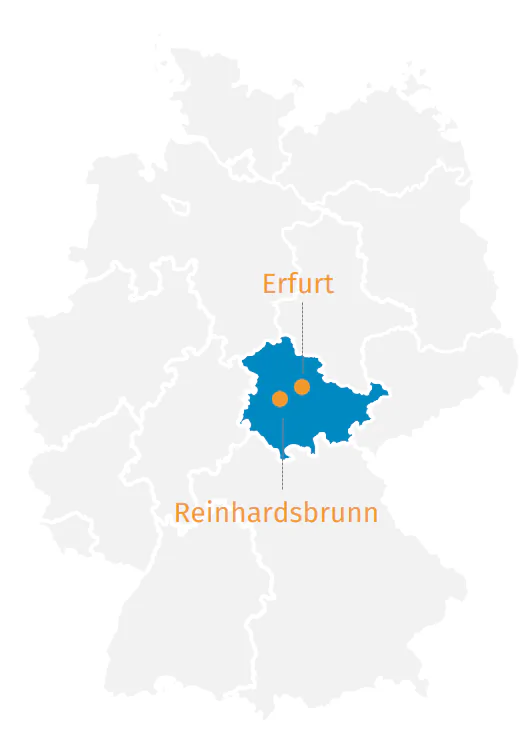 Lageplan Deutschland Bildbeschreibung / description: Lageplan von Deutschland (simple Darstellung), eingezeichnet sind Erfurt und Schloss Reinhardsbrunn im Zentrum Deutschlands