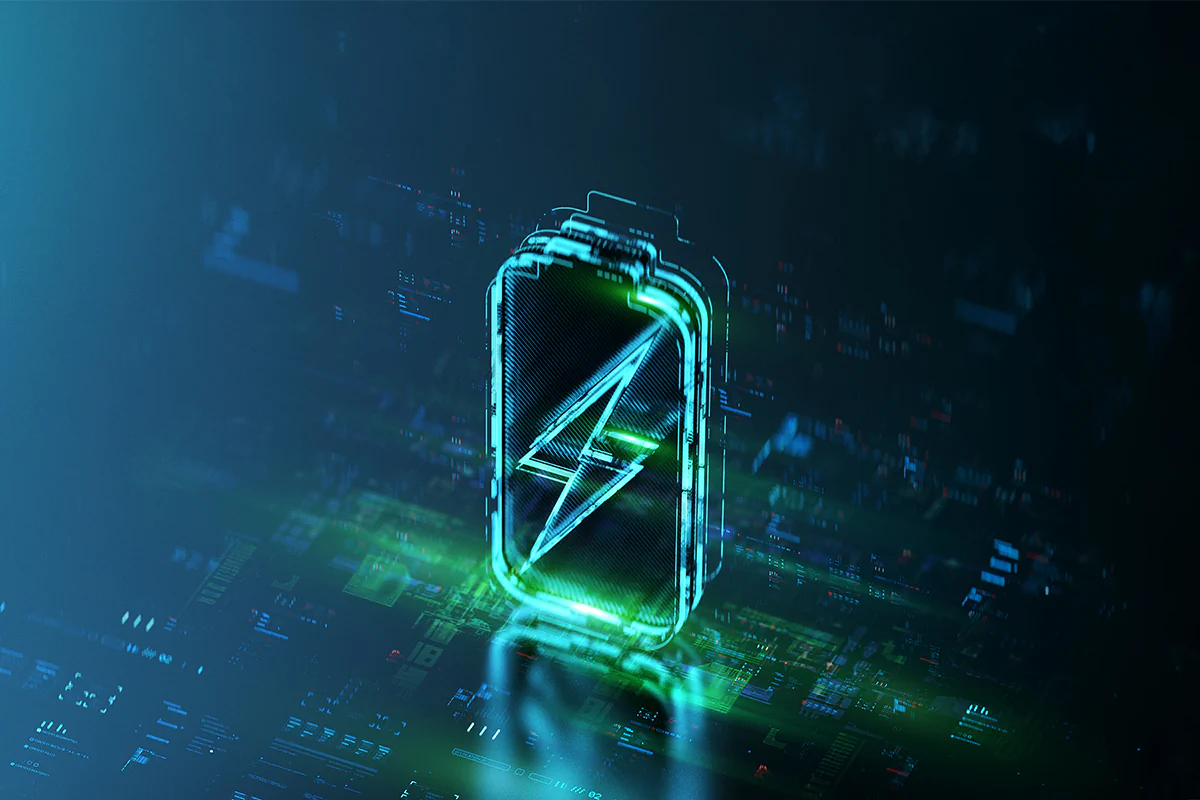 Digitales Batteriehologramm auf futuristischem Tech-Hintergrund